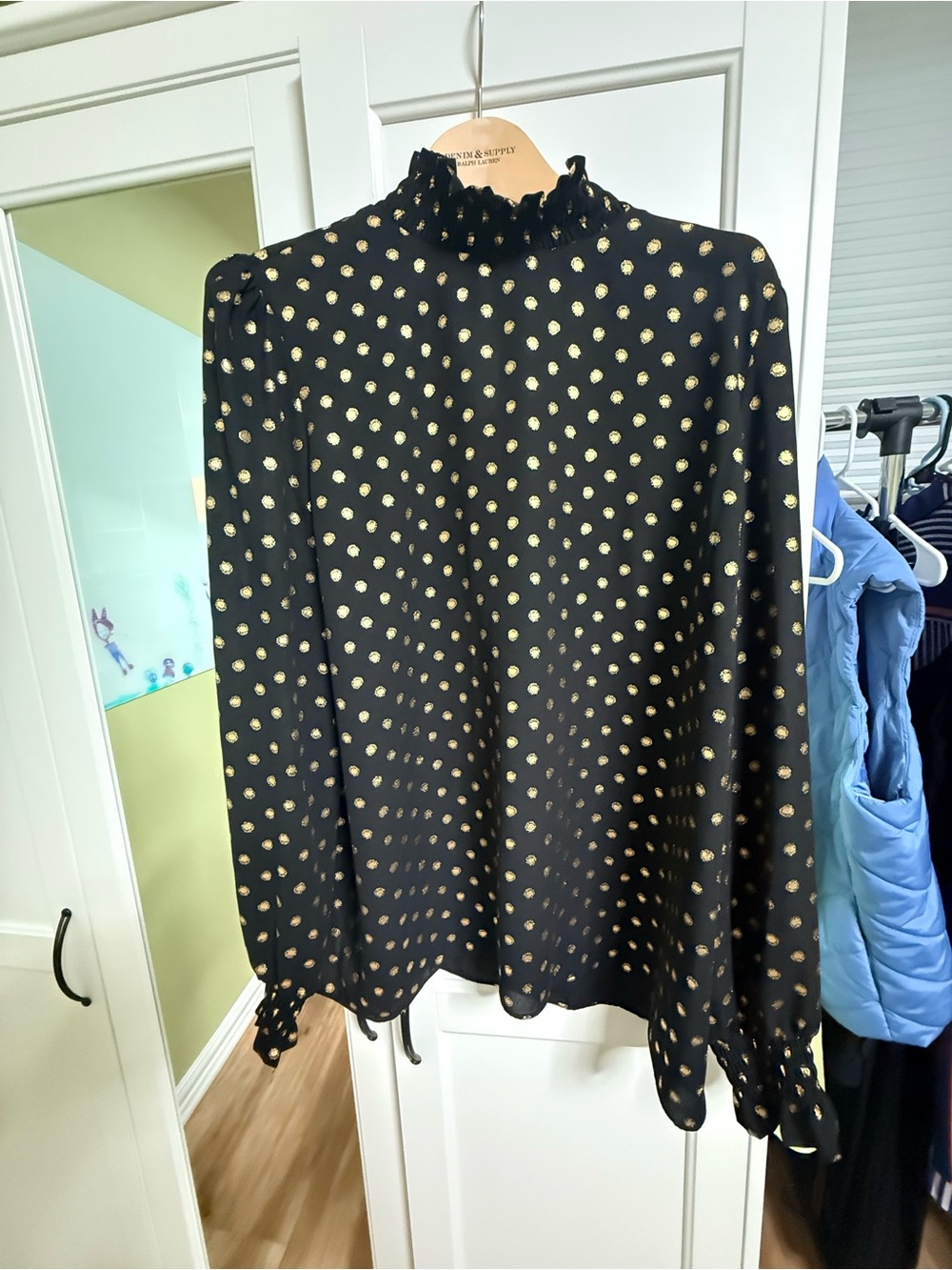 Worthington Black Blouse with Metallic Gold Polka Dots